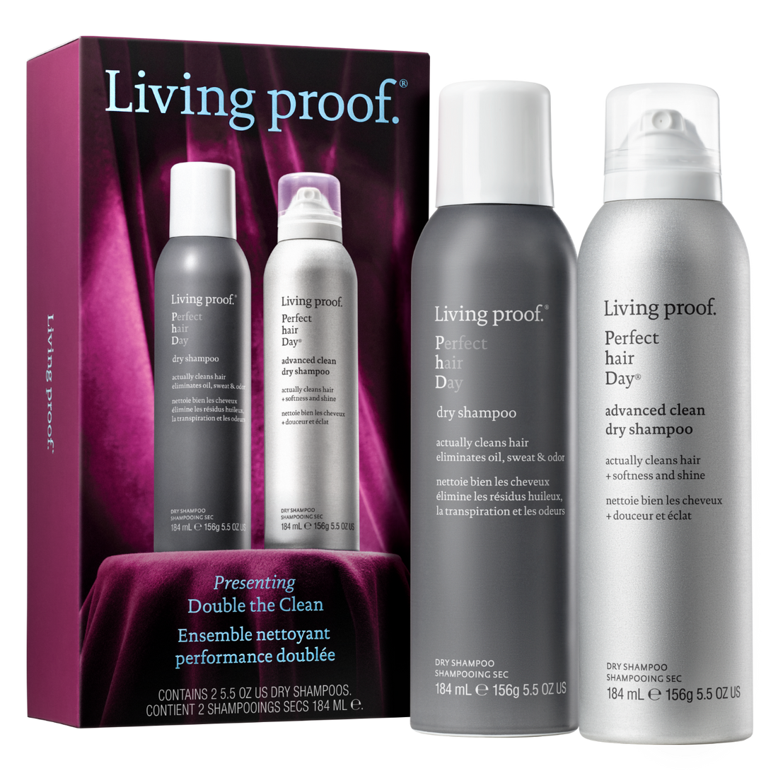Living Proof hair care product set with dry shampoo and cleanser on a white background