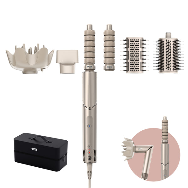 A collection of Shark FlexStyle hair styling tools including a hair dryer, multiple attachments for curling, straightening, volumizing, smoothing, and defining hair, along with a storage case.