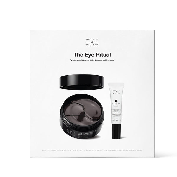 A white square product box for 'The Eye Ritual' by Pestle & Norton, featuring a black eye cream jar and a white tube with black text on a clean white background.