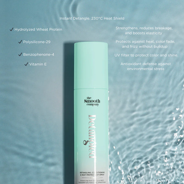 Hair product can with text detailing its features on a blue water background