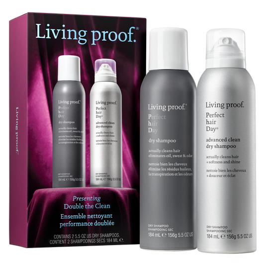Living Proof hair care product set with dry shampoo and cleanser on a white background