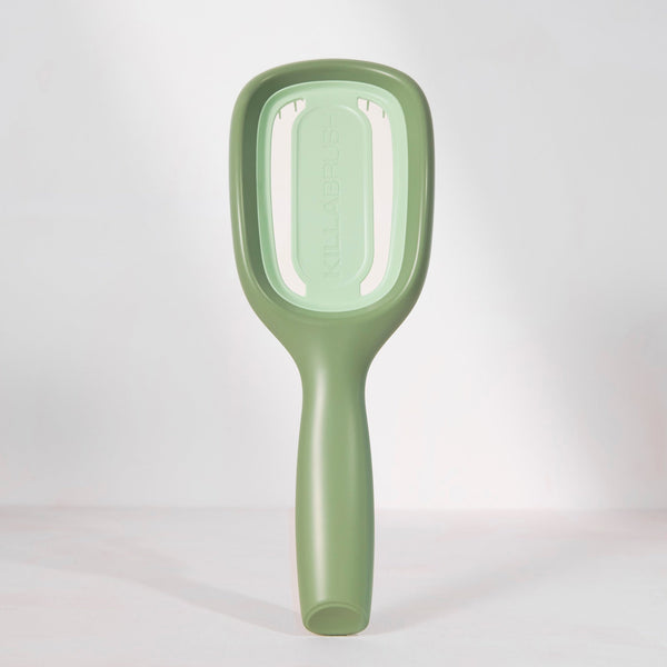 Green pet grooming brush on a light gray background
