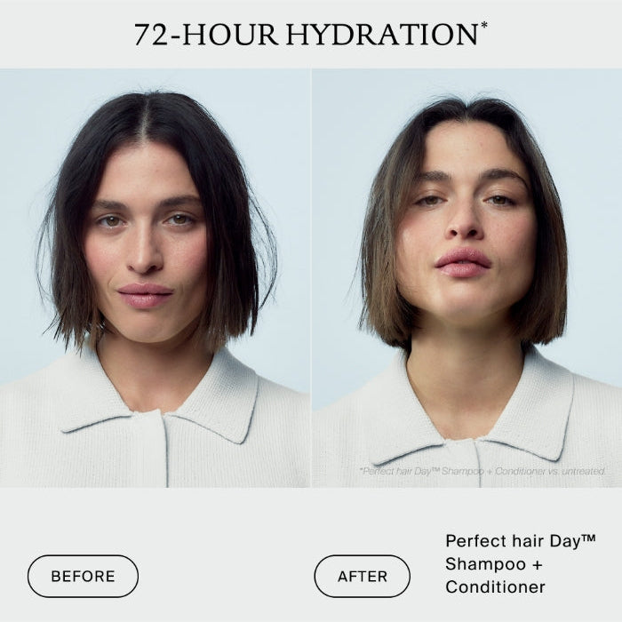 Before-and-after hair hydration comparison showing a woman with short dark brown hair, labeled '72-HOUR HYDRATION' and 'Before' / 'After' with 'Perfect hair Day Shampoo + Conditioner' at the bottom.
