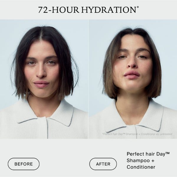 Before-and-after hair hydration comparison showing a woman with short dark brown hair, labeled '72-HOUR HYDRATION' and 'Before' / 'After' with 'Perfect hair Day Shampoo + Conditioner' at the bottom.