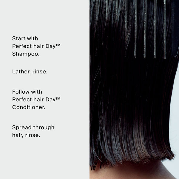Instructional hair care graphic with text reading 'Start with Perfect hair Day Shampoo. Lather, rinse.