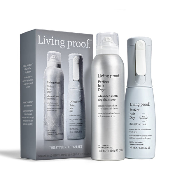 Living proof hair day style refresh set featuring a gray packaging box and two bottles: a canister of Living proof Perfect Hair Day advanced clean dry shampoo and a spray bottle of Living proof Perfect Hair Day style refresh mist, on a white background.