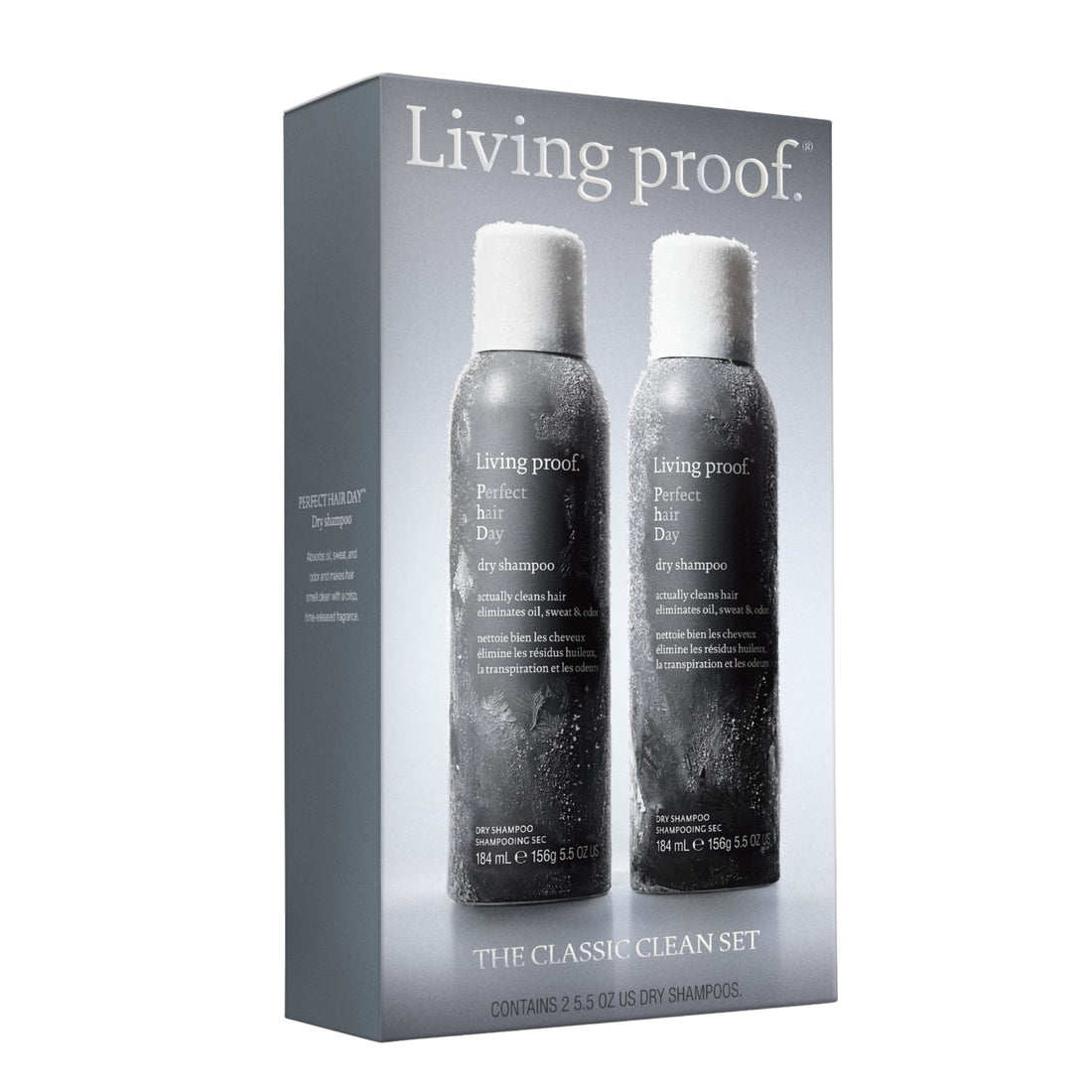 Living proof The Classic Clean Set box containing two dark gray bottles with white caps, shown on a plain white background.