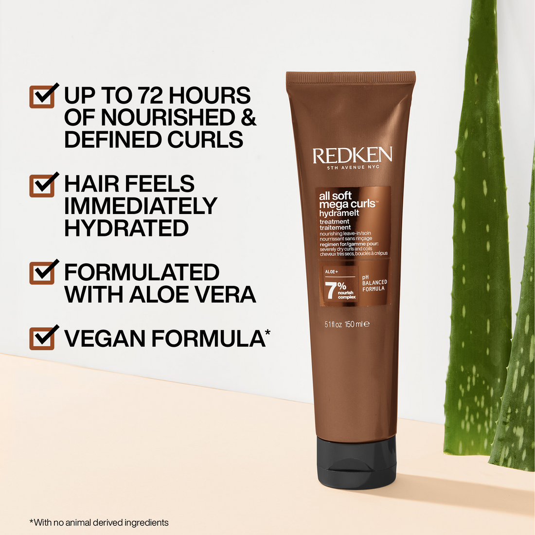 Redken All Soft Moisturizers All-Over Curls & Waves Conditioner in a brown squeeze tube with a black cap, displayed next to aloe vera leaves on a split beige and white background with promotional text.