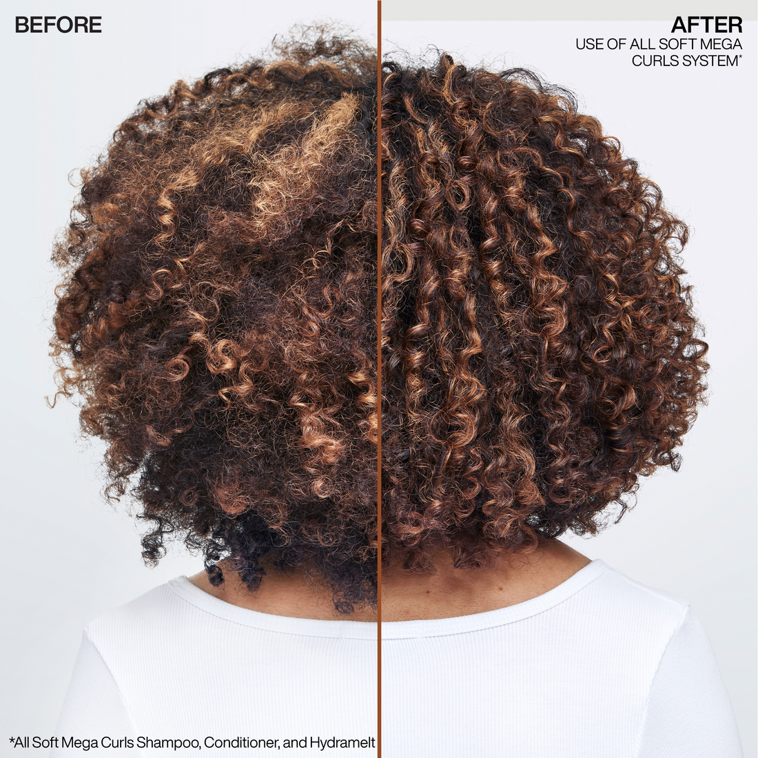 Before-and-after hair transformation showing curly hair styled in soft mega curls, with a vertical split dividing the 'BEFORE' and 'AFTER' sections. Text at the top reads 'AFTER USE OF ALL-SOFT MEGA CURLS SYSTEM' and text at the bottom mentions Soft Mega Curls, Conditioner, and Hydrastyle.