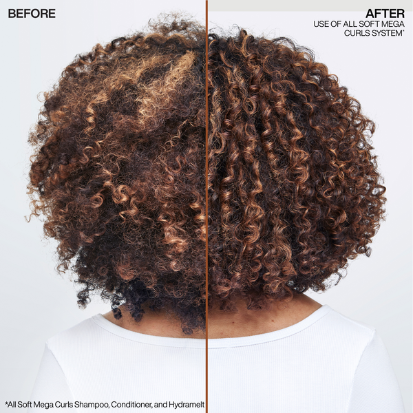 Before-and-after hair transformation showing curly hair styled in soft mega curls, with a vertical split dividing the 'BEFORE' and 'AFTER' sections. Text at the top reads 'AFTER USE OF ALL-SOFT MEGA CURLS SYSTEM' and text at the bottom mentions Soft Mega Curls, Conditioner, and Hydrastyle.