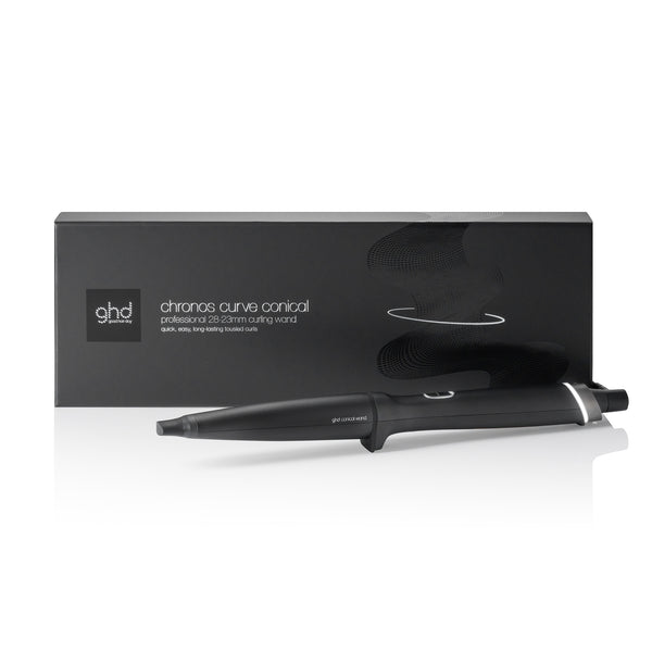 Black ghd curling iron with packaging on a white background