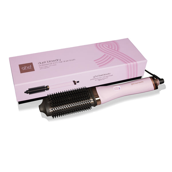 Pink hair styling tool with packaging on a white background