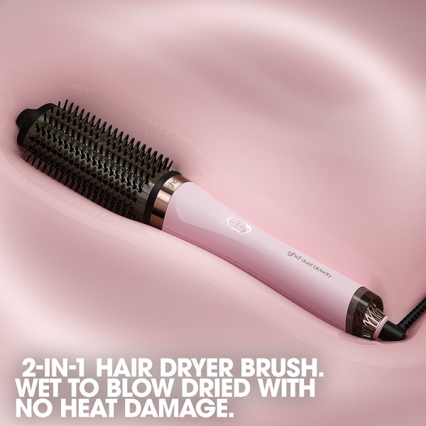 2-in-1 hair dryer brush on a pink background with text about its features.