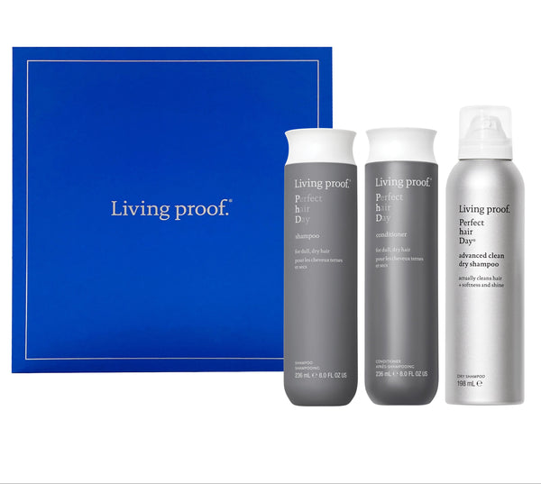 Living Proof hair care product set with a blue box on a white background