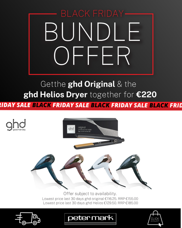 Black Friday bundle offer for ghd Original and ghd Helios Dryer with product images and pricing.