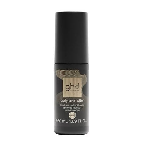 A bottle of ghd Curty Ever After travel size curl root spray on a plain white background.