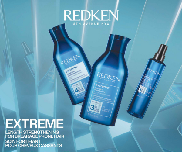 REDKEN 5th Avenue NYC Extreme Length Strengthening Hair Care Set, featuring three blue bottles and a spray bottle on a blue geometric background with product text overlays.