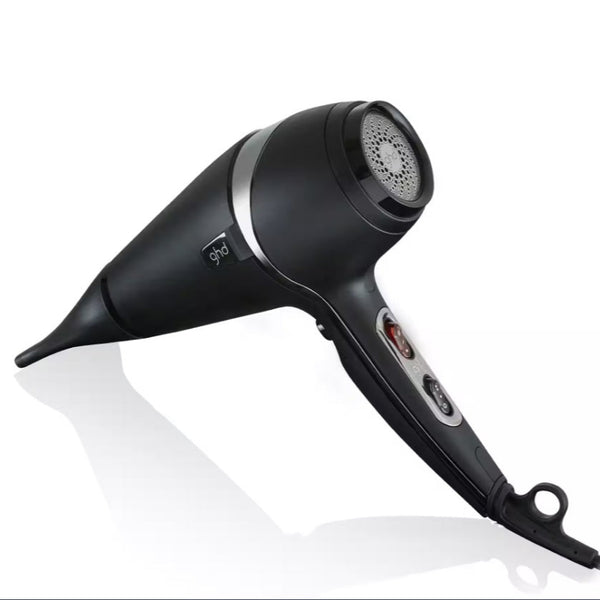 A black ghd Air Professional Hairdryer with its power cord displayed against a white background.