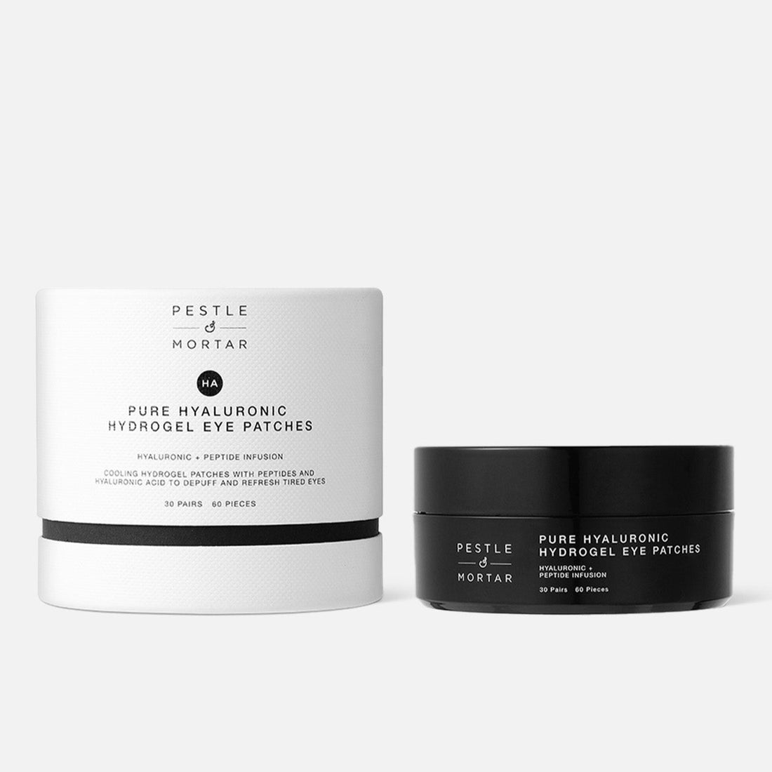Two containers of Pestle & Mortar Pure Hyaluronic Hydrogel Eye Patches on a white background
