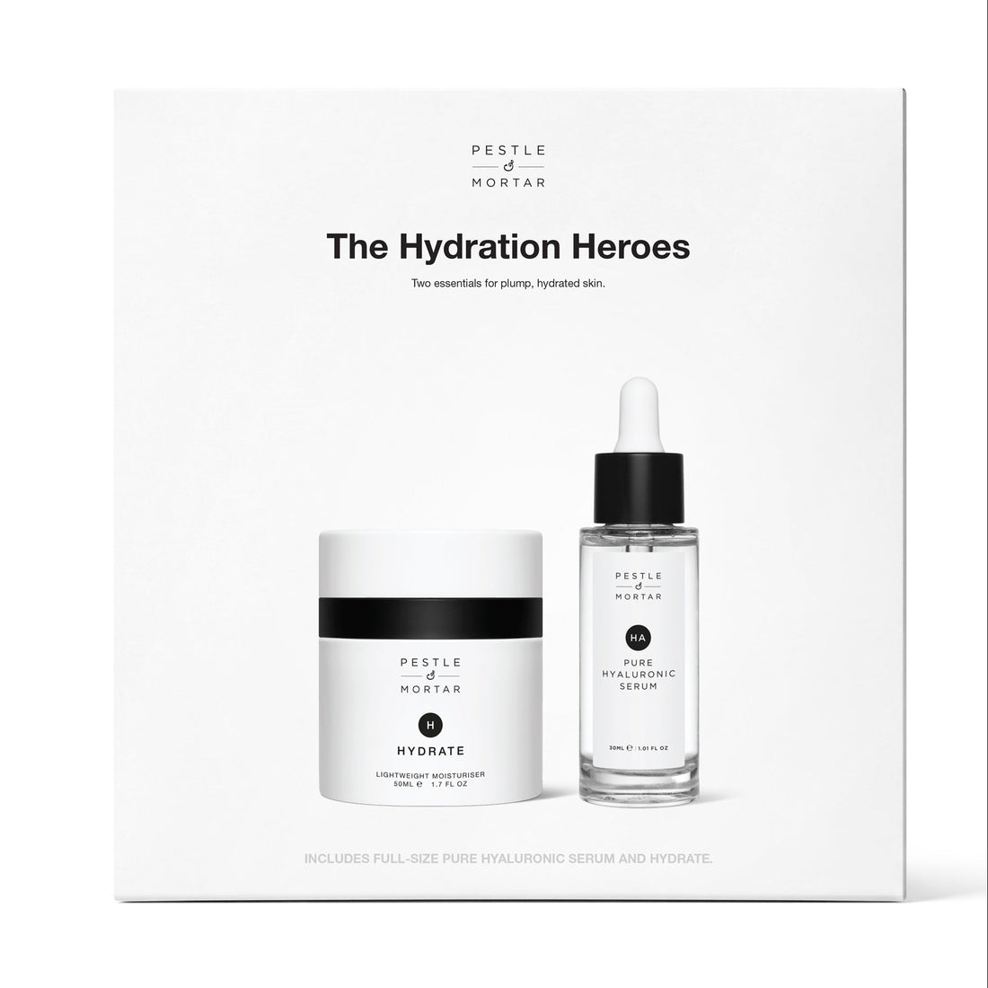 A skincare set in a white rectangular box labeled 'The Hydration Heroes' by Presley of Nectar, featuring a white jar with a black band and a clear dropper bottle with a black cap.