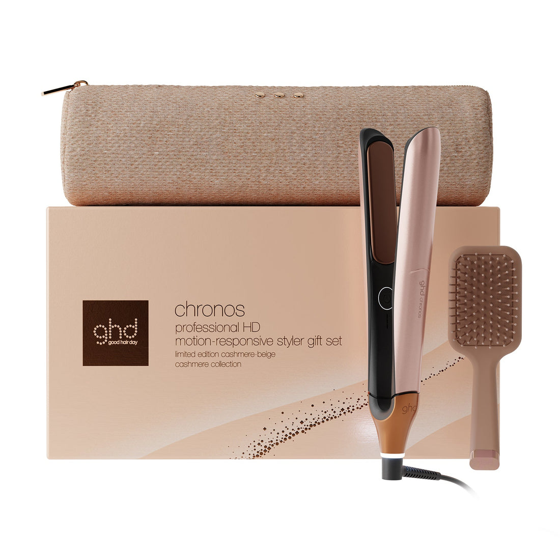 GHD Chronos professional H0 motion responsive styler gift set featuring a rose gold and black flat iron, a beige hairbrush, and a beige zippered pouch, arranged in front of the product box on a white background.