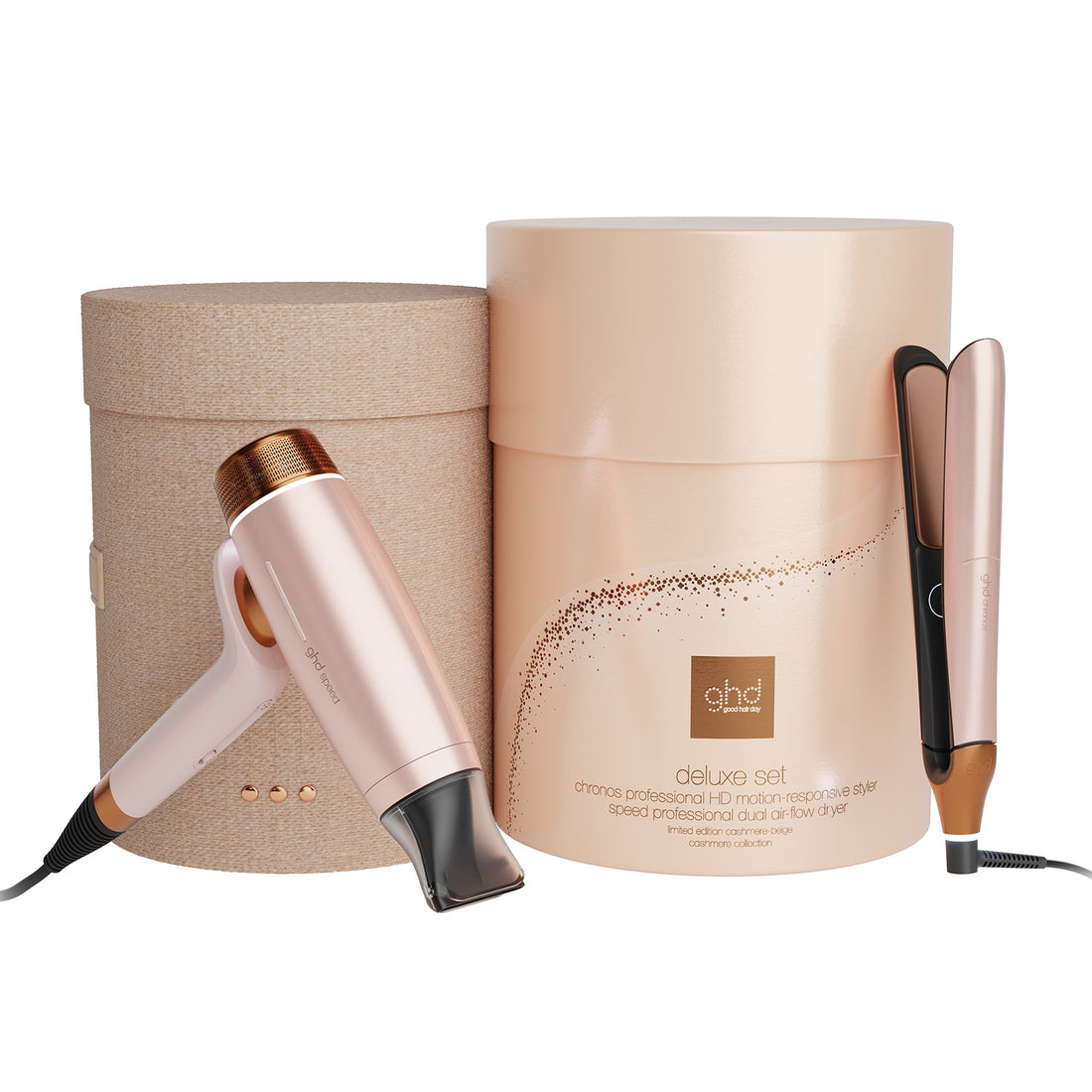 A ghd Delicate Set hair styling kit featuring a rose gold hair dryer, a flat iron, and a cylindrical presentation box on a white background.