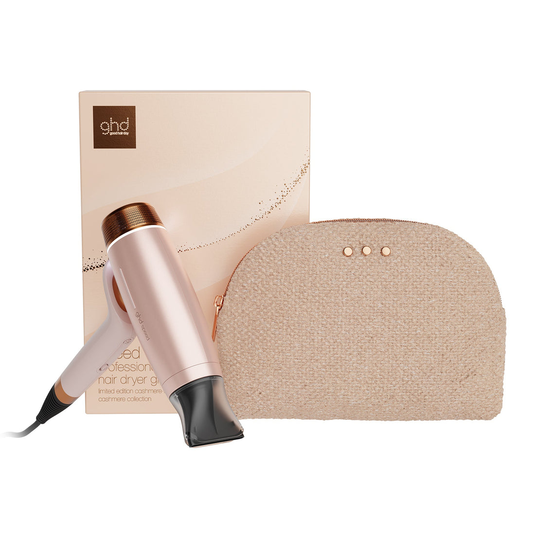 A ghd professional hair dryer in a metallic blush pink finish with rose gold-toned accents, shown alongside its beige packaging box and a matching textured zippered pouch on a white background.