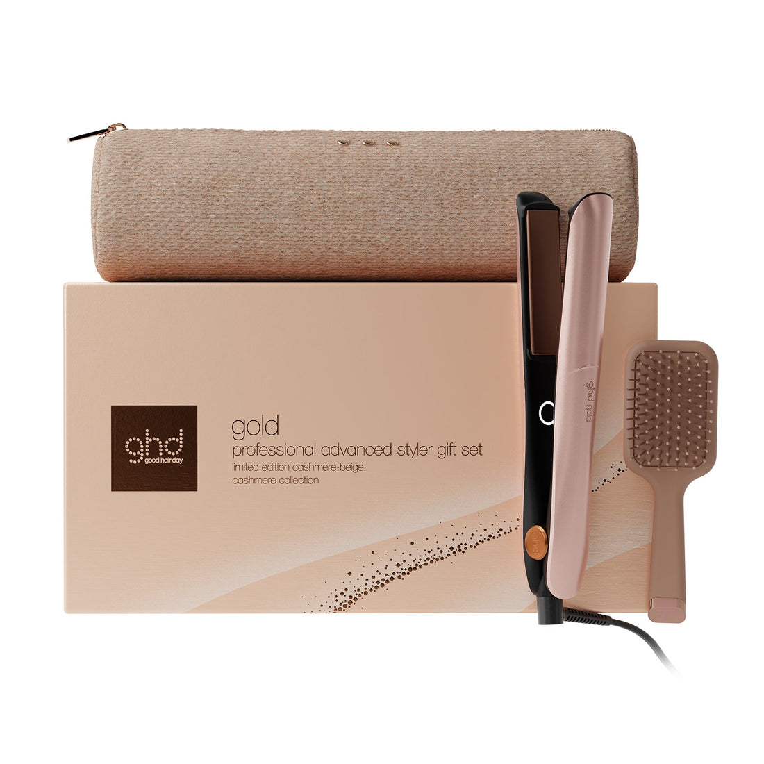 Ghds gold professional advanced stylist gift set featuring a flat iron, a hairbrush, and a storage pouch arranged in front of their branded packaging box on a white background.