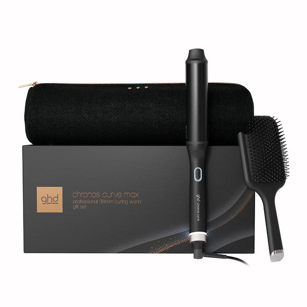 ghd Chronos Curve Max hair straightener set with a black straightener, black brush, black zip case, and black retail box on a white background.