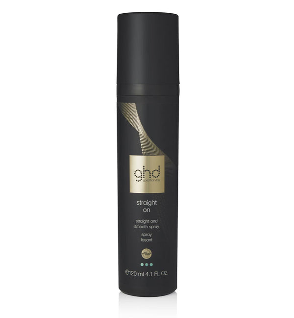 A black spray bottle with the ghd brand logo on it, labeled as 'straight on - straight & smooth spray'.